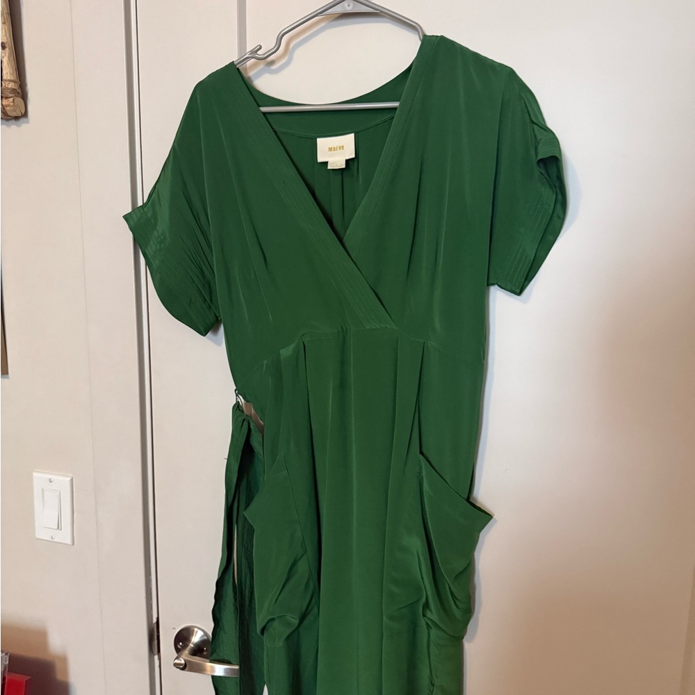Maeve 100% Silk Emerald Green Wrap Midi Dress
